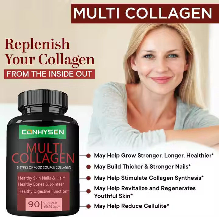 Capsule di collagene alimentare con vitamina C supportano la pelle le unghie i capelli sani