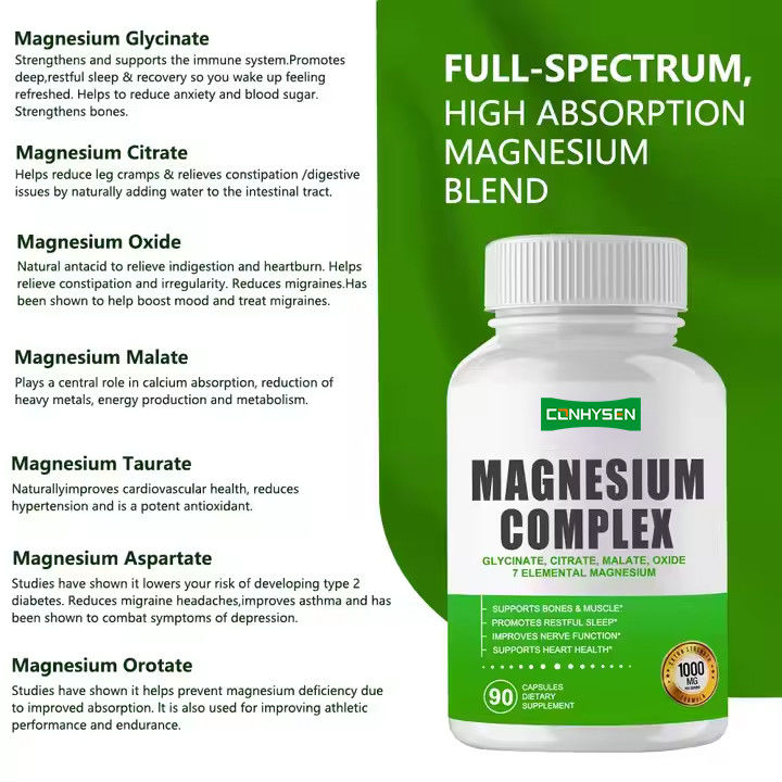 Complesso di magnesio Capsule Citrato ossido Glicinato Malato Supplemento per sostenere le ossa Muscolo