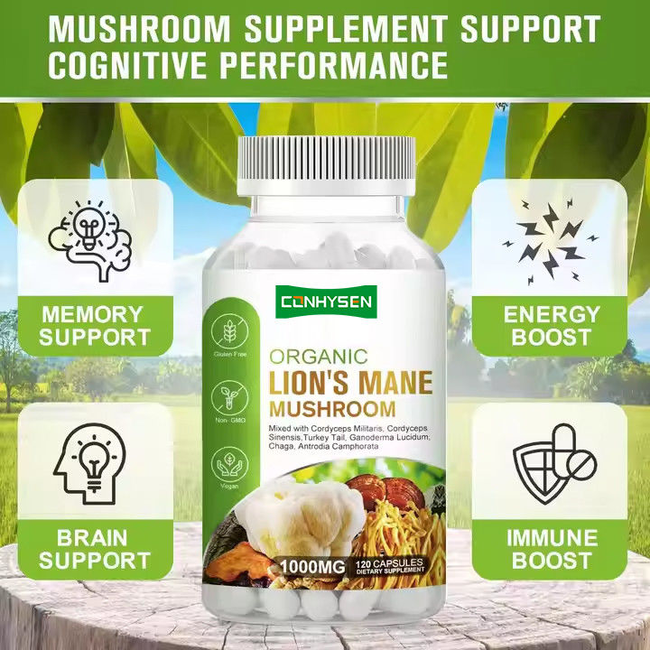 OEM Organic Capsule di criniera di leone con supplemento di coda di tacchino Supporto alla memoria Salute del cervello