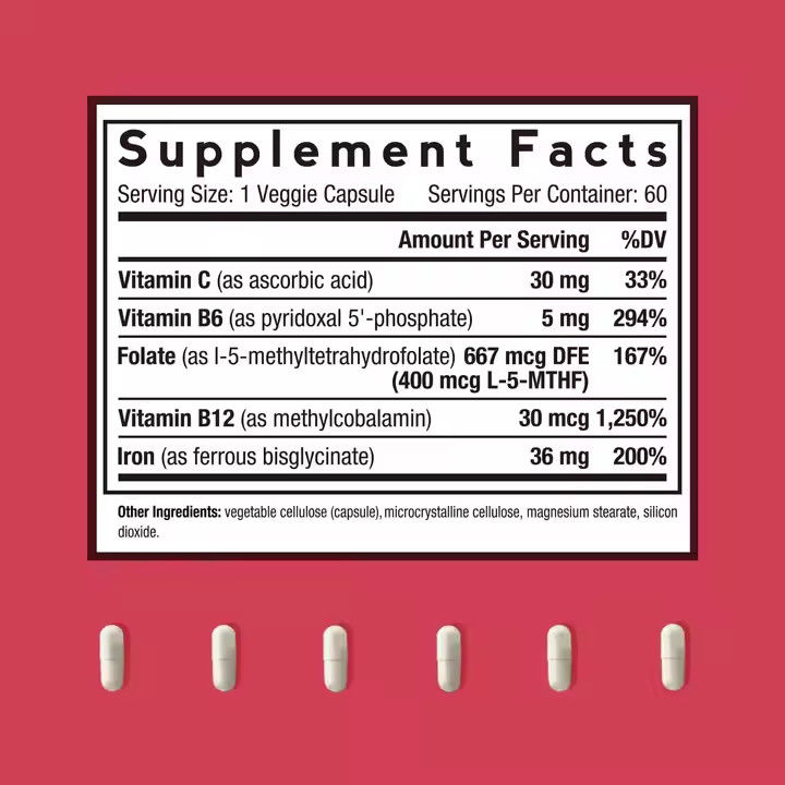 Capsule di ferro con vitamine Supplemento di supporto Cellule rosse del sangue Formazione 60 capsule