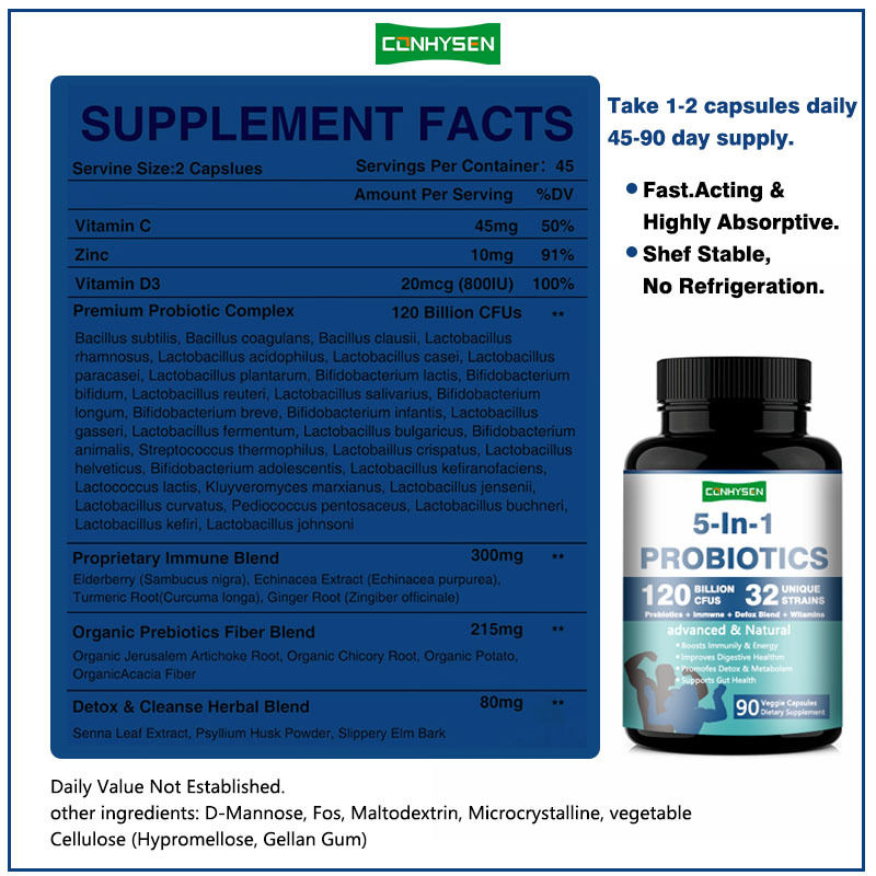 Fornitura di fabbrica capsule prebiotiche 5-in-1 Migliora la salute digestiva Complesso probiotico premium