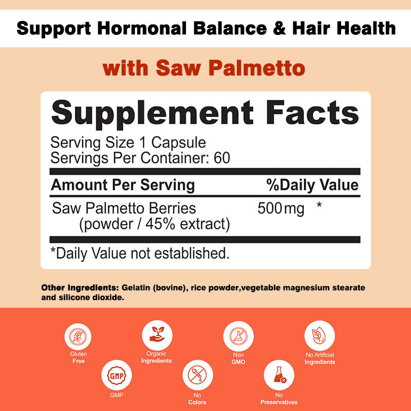 Non OGM Saw Palmetto Capsule 500 mg Supporto complesso Equilibrio ormonale Salute dei capelli