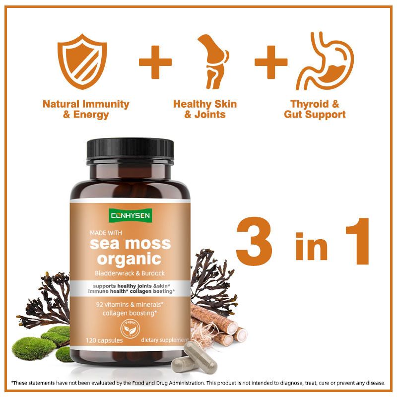 Capsule di muschio marino organico con vescica di burdock sostengono articolazioni e pelle sane