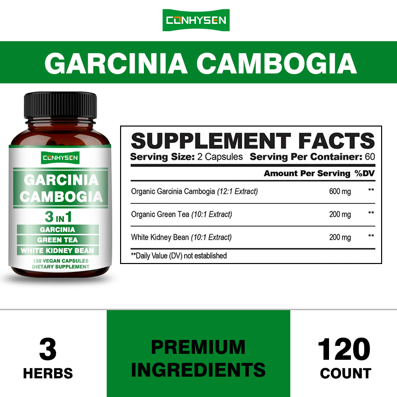 Vendita a caldo Capsule di Garcinia Cambogia 3 in 1 Capsula vegana Promuove la produzione di energia con il tè verde