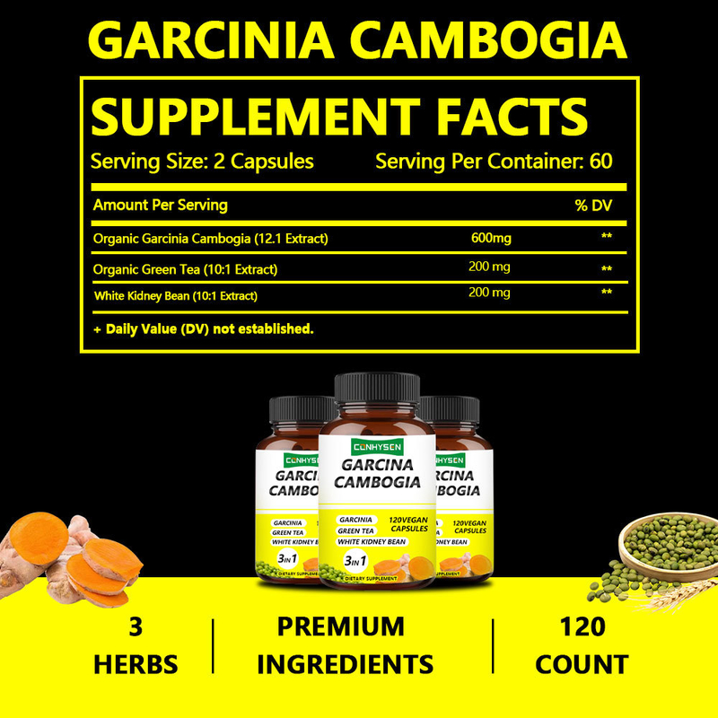 Capsule di Garcinia Cambogia fornite dalla fabbrica con 3 ingredienti premium in 1 per aumentare la produzione di energia