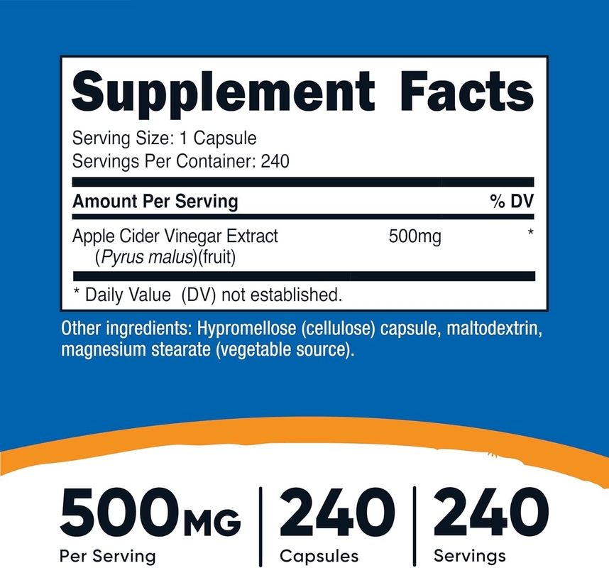 Integratore Alimentare OEM Capsule di Aceto di Mele 500mg 240 Capsule Vegetariane Naturali Vegetariane GMP Non-OGM Senza Glutine