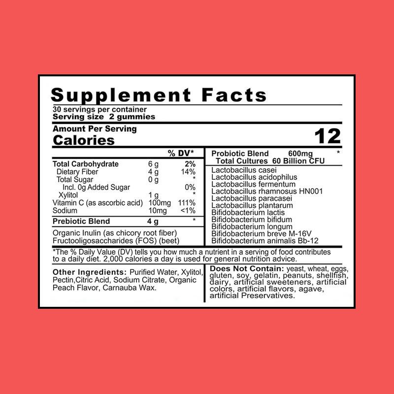 Gommosi probiotici prebiotici 4g OEM/ODM con 60 miliardi di CFU, potenziatori dell'immunità e miglioratori della salute intestinale con proprietà antiossidanti per adulti